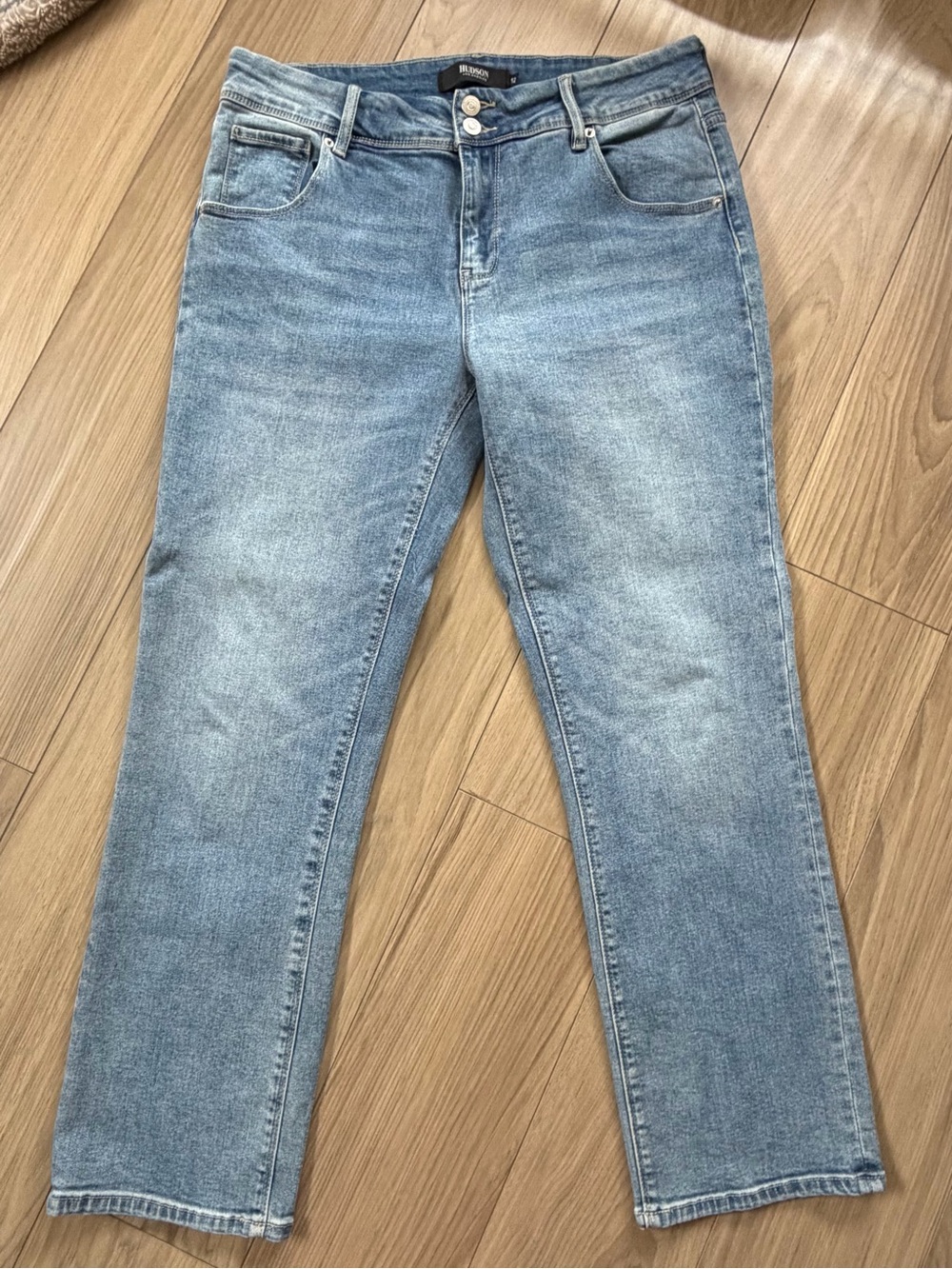 Hudson Slim Straight Leg Denim Light Wash Flap Pocket Jeans Sz 12 Logo Mid Rise